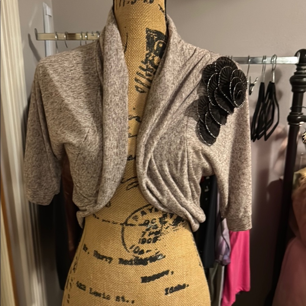 Chic Gray Shawl Cardigan with Black Sequin Detail
